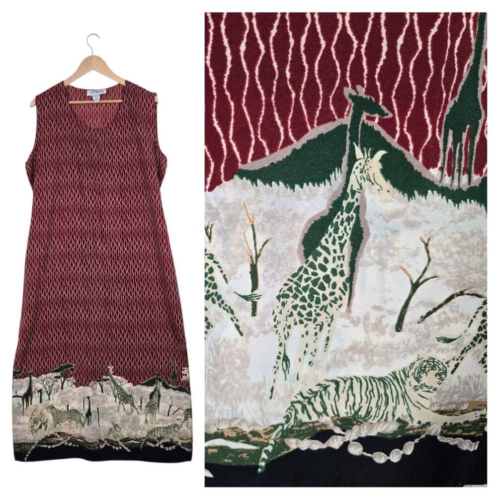 Vintage Safari Border Print Midi Dress Size 1XL Burgundy Jungle Animal Scene